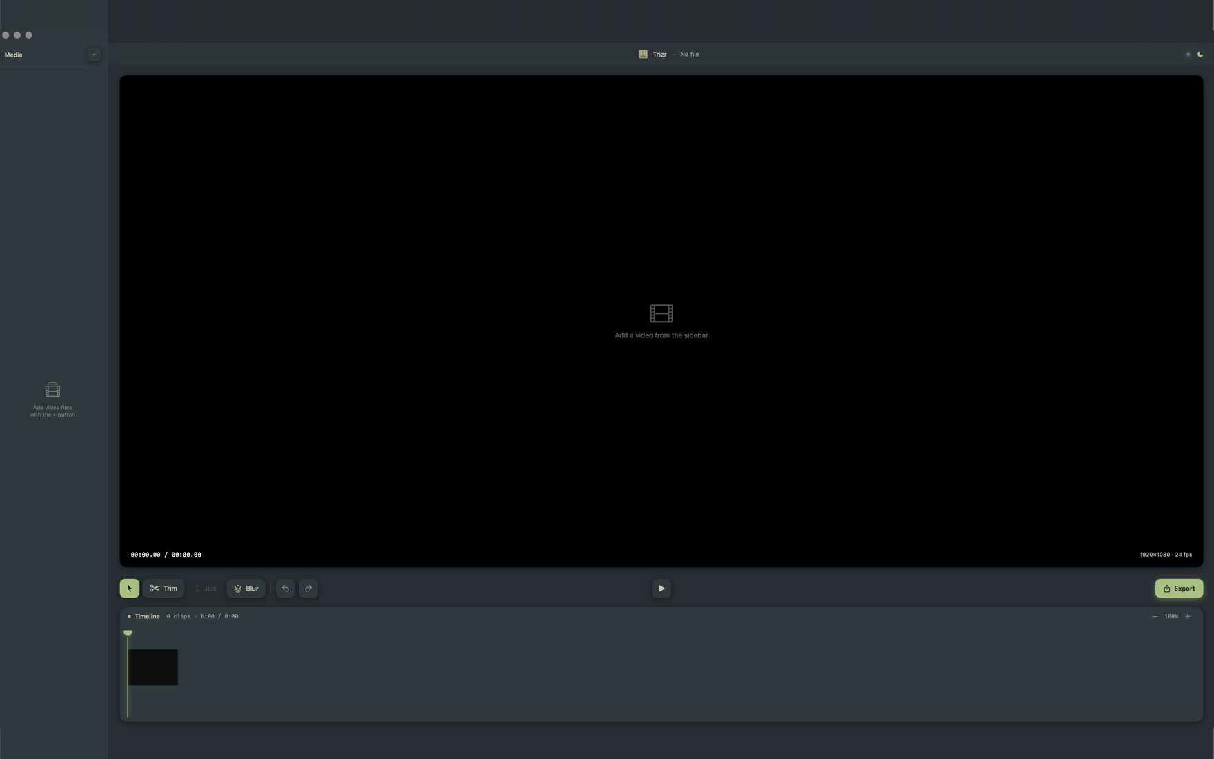 The empty Trizr editor inviting you to add a video from the sidebar.