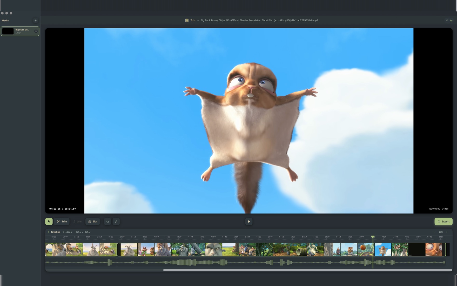 The Trizr editor with a video clip open in the preview and clips laid out on the timeline.